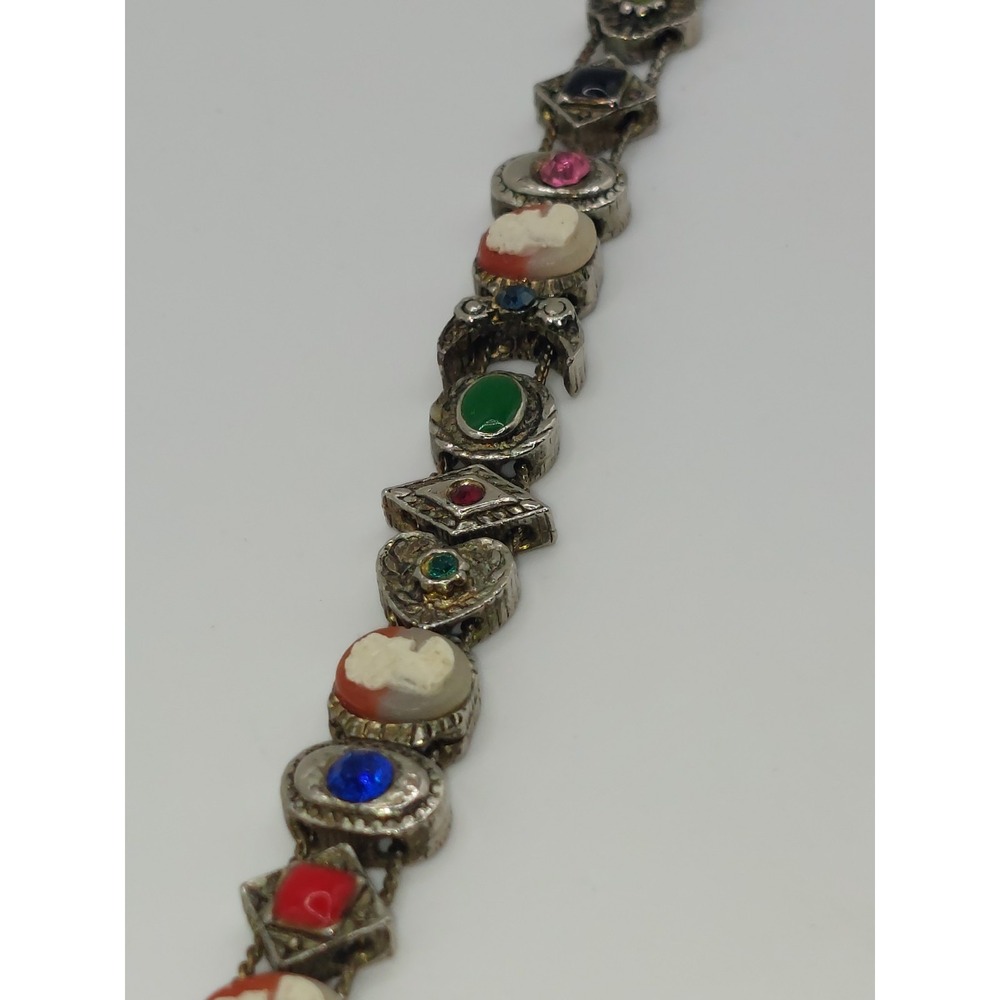 Victorian Revival Slide Charm Bracelet Cameo Multicolor Silver Tone Vintage